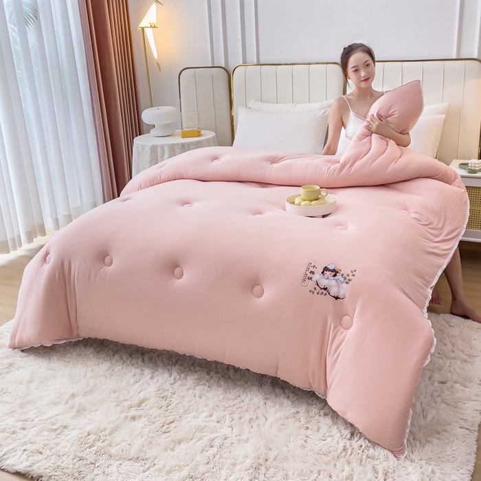 91家纺网 家纺一手货源 找家纺 81号家纺 2024新款针织棉花边烫花被冬被被芯 少女粉