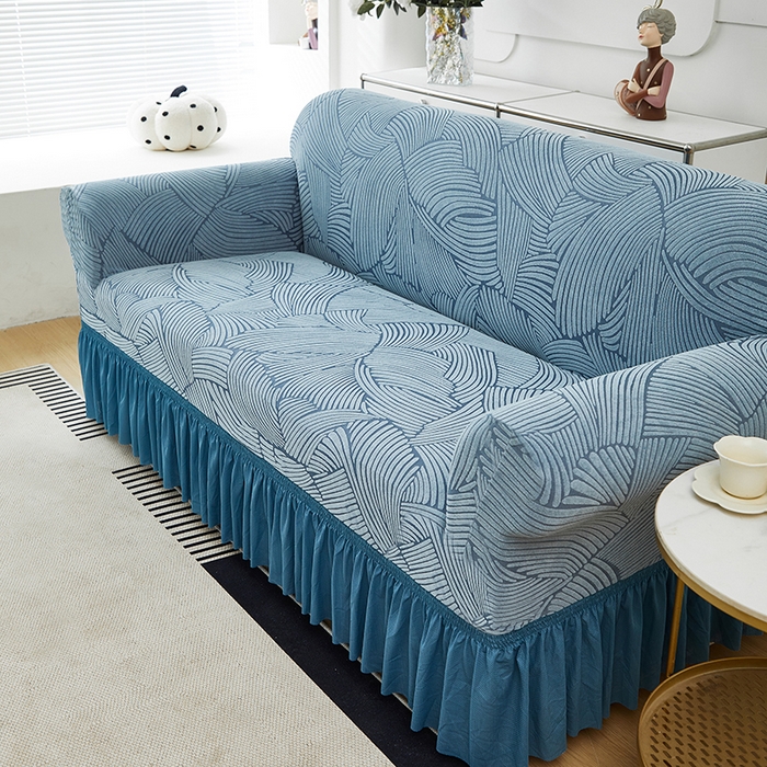 91家纺网 家纺一手货源 找家纺 共鸣沙发套 2024新款臻品提花系列沙发套(裙摆款) 枫纹-净蓝
