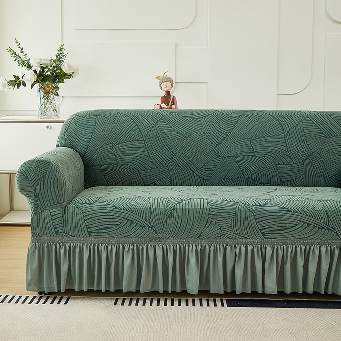 91家纺网 家纺一手货源 找家纺 共鸣沙发套 2024新款臻品提花系列沙发套(裙摆款) 枫纹-墨绿