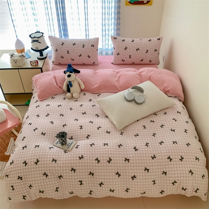 91家纺网 家纺一手货源 找家纺 美乐迪家纺 2024新款高品质牛奶绒四件套 粉格蝴蝶结