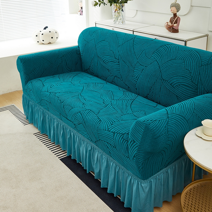 91家纺网 家纺一手货源 找家纺 共鸣沙发套 2024新款臻品提花系列沙发套(裙摆款) 枫纹-杉绿