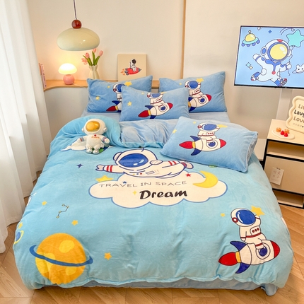 孩子王家纺 2025新款专版花色太空人大版卡通学生宿舍双面加厚牛奶绒系列四件套--提供买家秀 宇航员