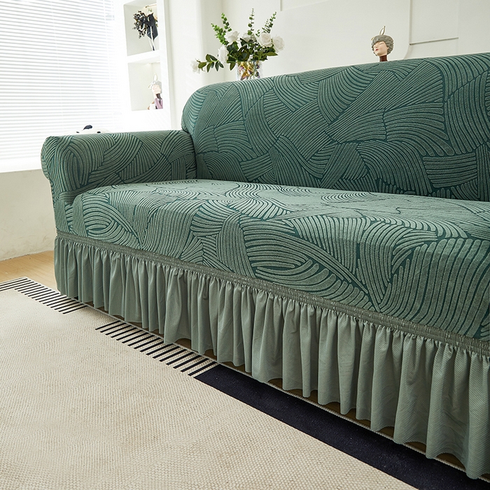 91家纺网 家纺一手货源 找家纺 共鸣沙发套 2024新款臻品提花系列沙发套(裙摆款) 枫纹-墨绿