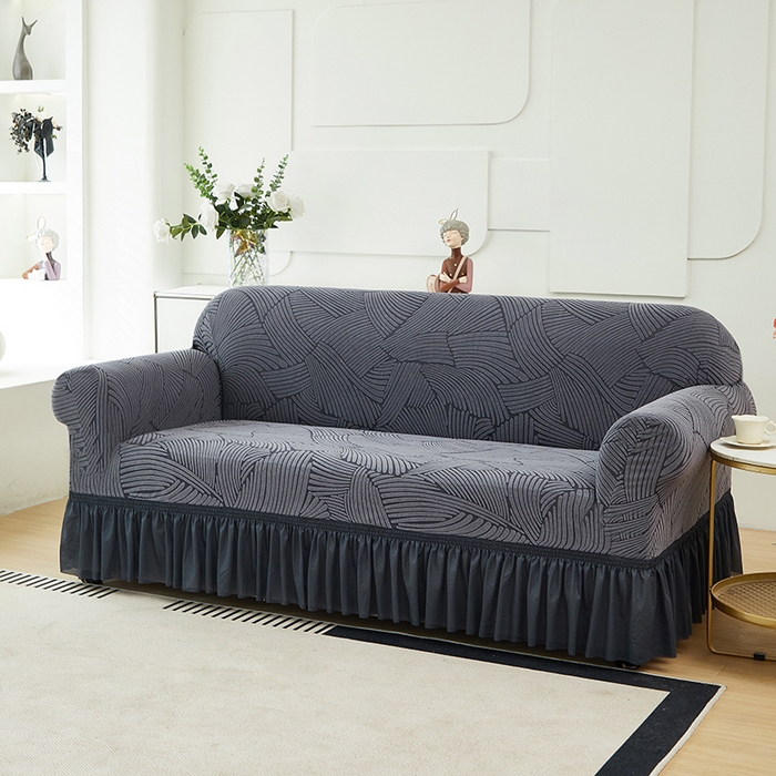 91家纺网 家纺一手货源 找家纺 共鸣沙发套 2024新款臻品提花系列沙发套(裙摆款) 枫纹-深灰