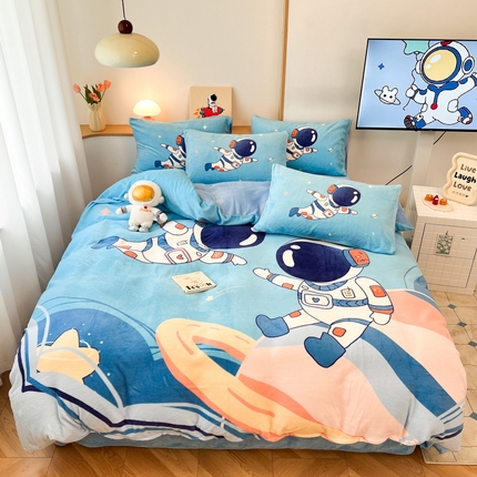 孩子王家纺 2025新款专版花色太空人大版卡通学生宿舍双面加厚牛奶绒系列四件套--提供买家秀 遨游太空