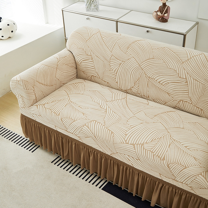 91家纺网 家纺一手货源 找家纺 共鸣沙发套 2024新款臻品提花系列沙发套(裙摆款) 枫纹-驼色