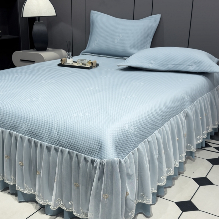 91家纺网 家纺一手货源 找家纺 81号家纺 2024新款冰感豆豆床裙款凉席 天空蓝