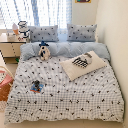 91家纺网 家纺一手货源 找家纺 美乐迪家纺 2024新款高品质牛奶绒四件套 蓝格蝴蝶结