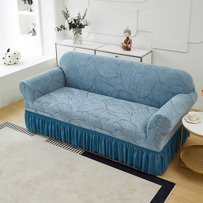 91家纺网 家纺一手货源 找家纺 共鸣沙发套 2024新款臻品提花系列沙发套(裙摆款) 枫纹-净蓝