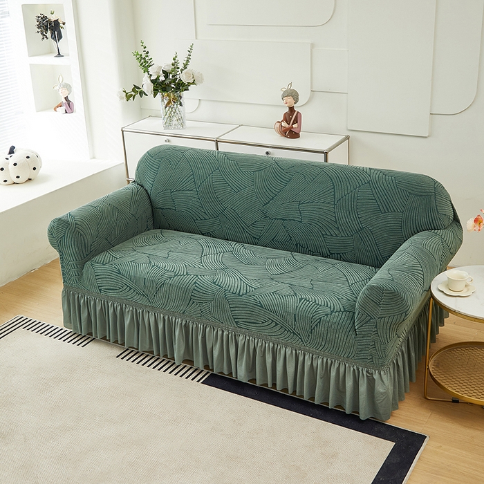 91家纺网 家纺一手货源 找家纺 共鸣沙发套 2024新款臻品提花系列沙发套(裙摆款) 枫纹-墨绿