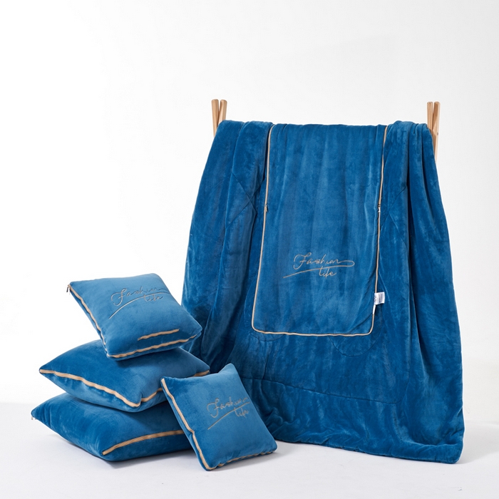 91家纺网 家纺一手货源 找家纺 照世家纺 2024新款牛奶绒轻奢抱枕被 宝石蓝