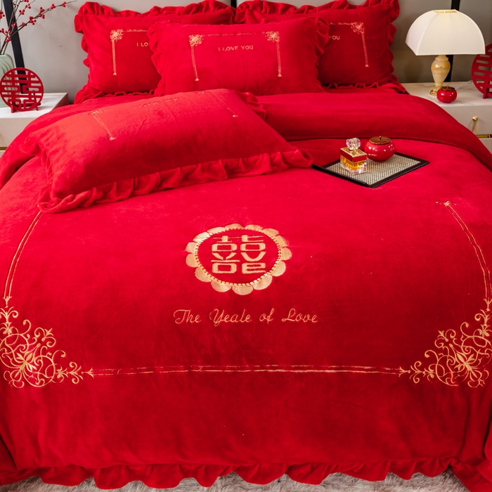 91家纺网 家纺一手货源 找家纺 银石 2024新款秋冬230克全消光牛奶绒大红四件套喜结良缘