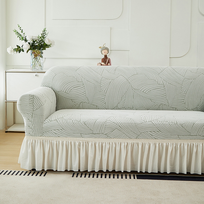 91家纺网 家纺一手货源 找家纺 共鸣沙发套 2024新款臻品提花系列沙发套(裙摆款) 枫纹-灰绿