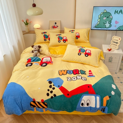 孩子王家纺 2025新款专版花色太空人大版卡通学生宿舍双面加厚牛奶绒系列四件套--提供买家秀 挖掘机