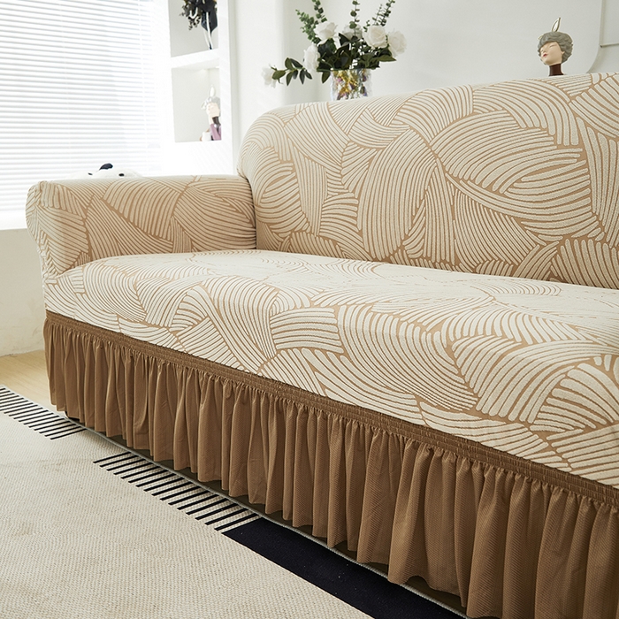 91家纺网 家纺一手货源 找家纺 共鸣沙发套 2024新款臻品提花系列沙发套(裙摆款) 枫纹-驼色