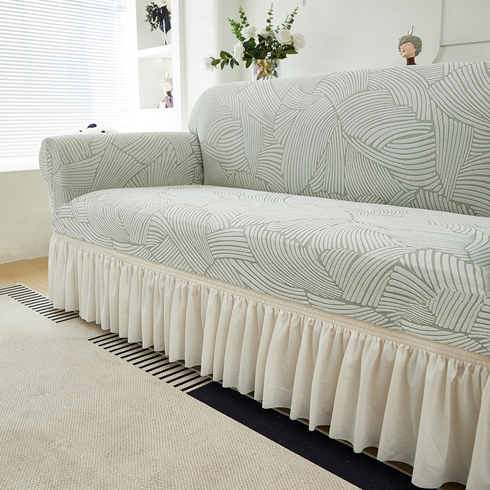 91家纺网 家纺一手货源 找家纺 共鸣沙发套 2024新款臻品提花系列沙发套(裙摆款) 枫纹-灰绿