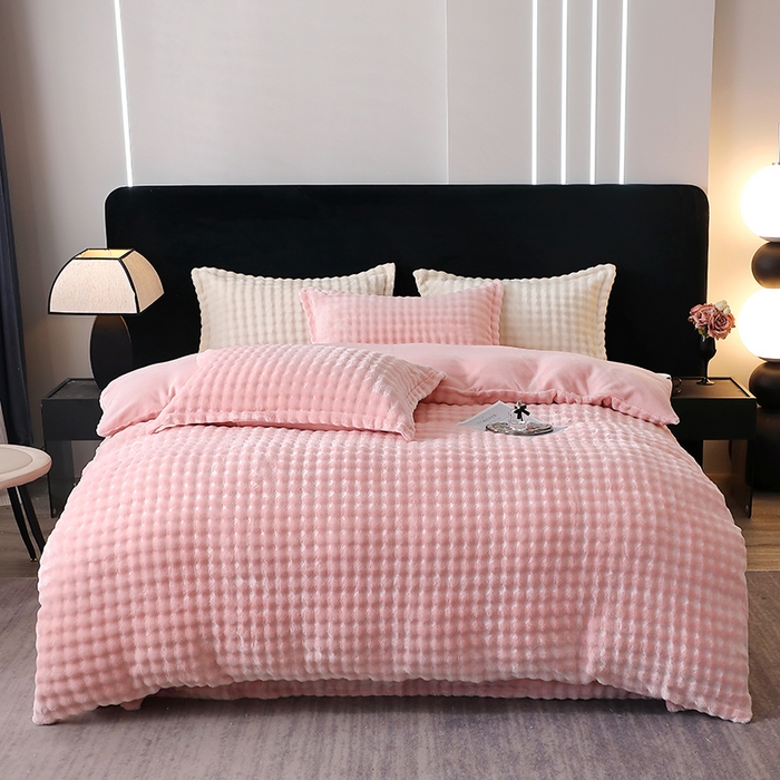 91家纺网 家纺一手货源 找家纺 席之家 2024新款加厚兔毛牛奶绒四件套 荧光粉