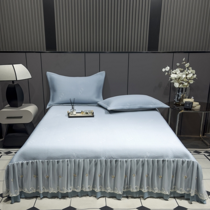 91家纺网 家纺一手货源 找家纺 81号家纺 2024新款冰感豆豆床裙款凉席 天空蓝