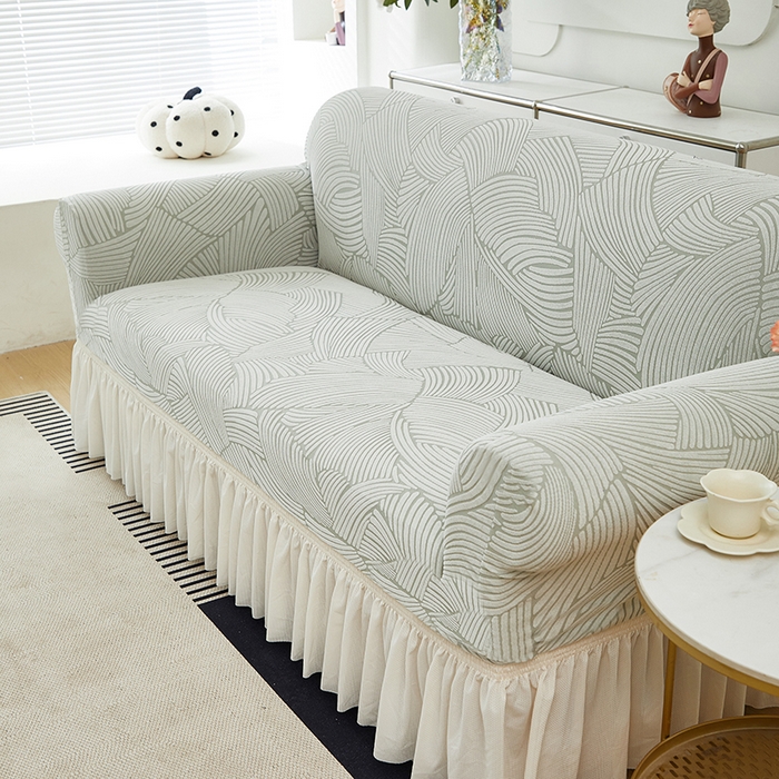 91家纺网 家纺一手货源 找家纺 共鸣沙发套 2024新款臻品提花系列沙发套(裙摆款) 枫纹-灰绿