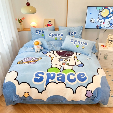 孩子王家纺 2025新款专版花色太空人大版卡通学生宿舍双面加厚牛奶绒系列四件套--提供买家秀 快乐星球