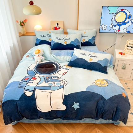 孩子王家纺 2025新款专版花色太空人大版卡通学生宿舍双面加厚牛奶绒系列四件套--提供买家秀 宇航火箭