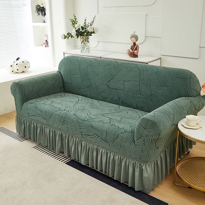 91家纺网 家纺一手货源 找家纺 共鸣沙发套 2024新款臻品提花系列沙发套(裙摆款) 枫纹-墨绿