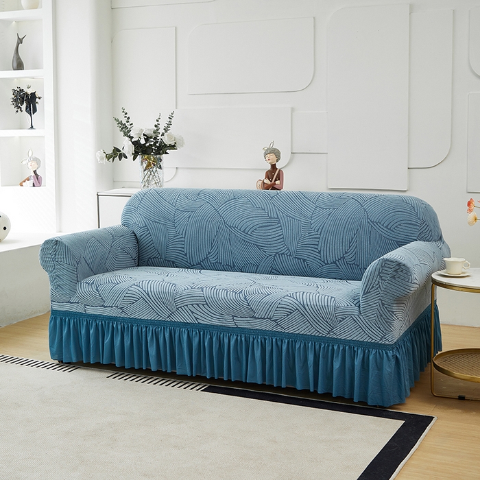 91家纺网 家纺一手货源 找家纺 共鸣沙发套 2024新款臻品提花系列沙发套(裙摆款) 枫纹-净蓝