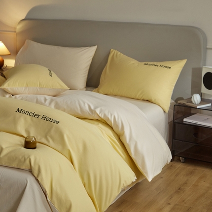 91家纺网 家纺一手货源 找家纺 卡巴伦家纺 2024新款全棉磨毛纯色刺绣双拼四件套-蒙可 蒙可-琥珀奶茶