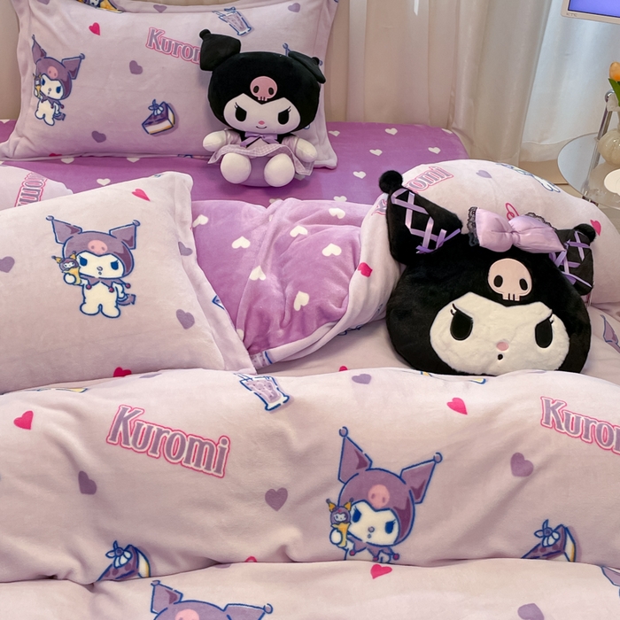 91家纺网 家纺一手货源 找家纺 暮思家居 2024新款三丽鸥正版授权高克重200克加厚保暖卡通牛奶绒四件套 牛奶绒-甜心库洛米