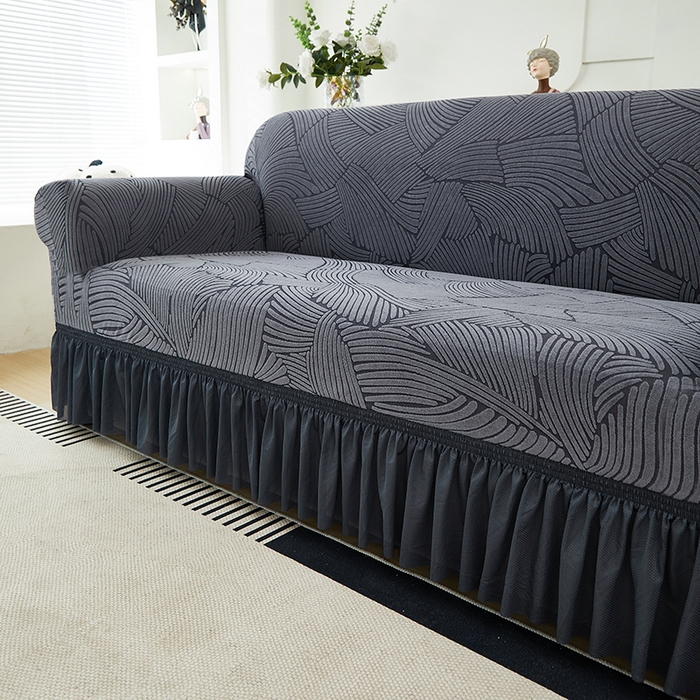 91家纺网 家纺一手货源 找家纺 共鸣沙发套 2024新款臻品提花系列沙发套(裙摆款) 枫纹-深灰