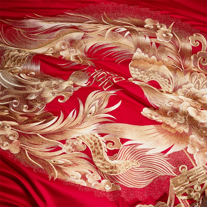 91家纺网 家纺一手货源 找家纺 宏羽纺家纺 2024新款高支高密纯棉提花婚庆套件系列（控价680）龙生九子-金