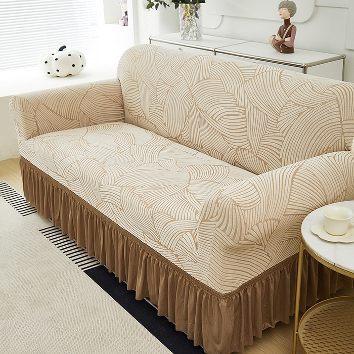 91家纺网 家纺一手货源 找家纺 共鸣沙发套 2024新款臻品提花系列沙发套(裙摆款) 枫纹-驼色