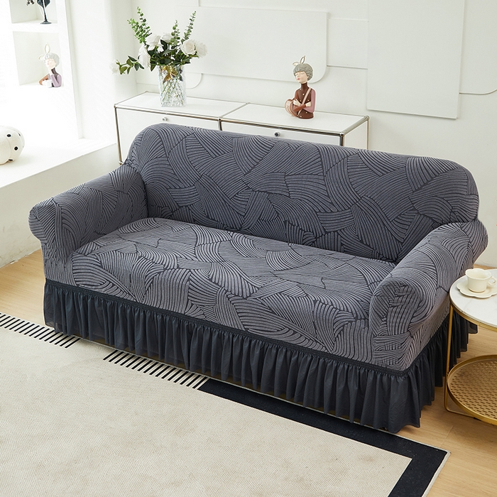 91家纺网 家纺一手货源 找家纺 共鸣沙发套 2024新款臻品提花系列沙发套(裙摆款) 枫纹-深灰