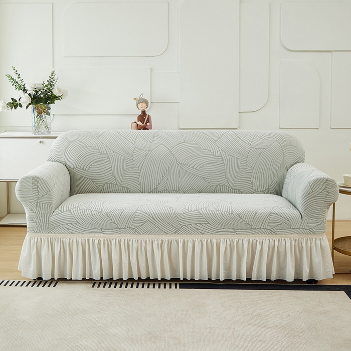 91家纺网 家纺一手货源 找家纺 共鸣沙发套 2024新款臻品提花系列沙发套(裙摆款) 枫纹-灰绿