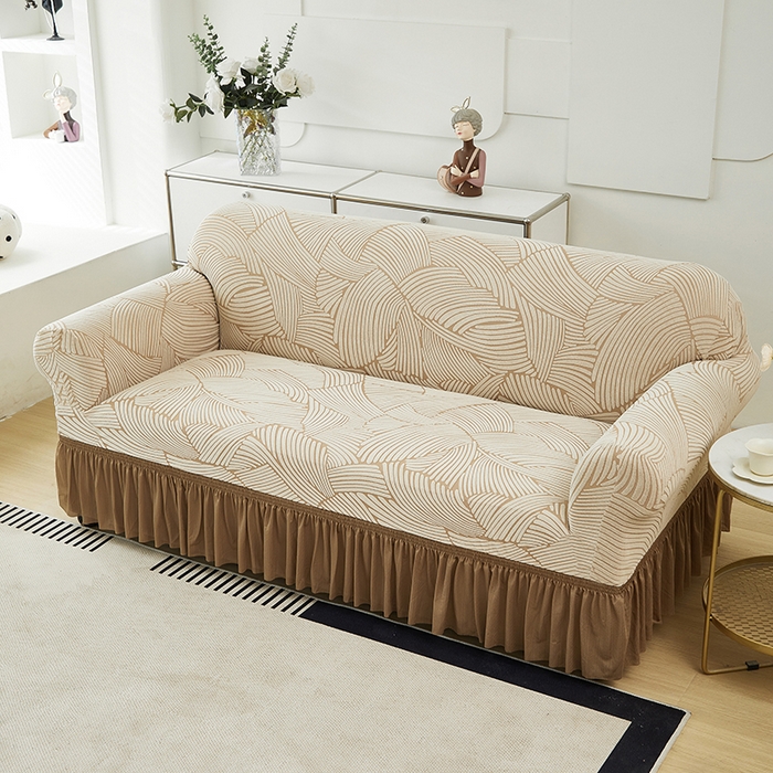 91家纺网 家纺一手货源 找家纺 共鸣沙发套 2024新款臻品提花系列沙发套(裙摆款) 枫纹-驼色