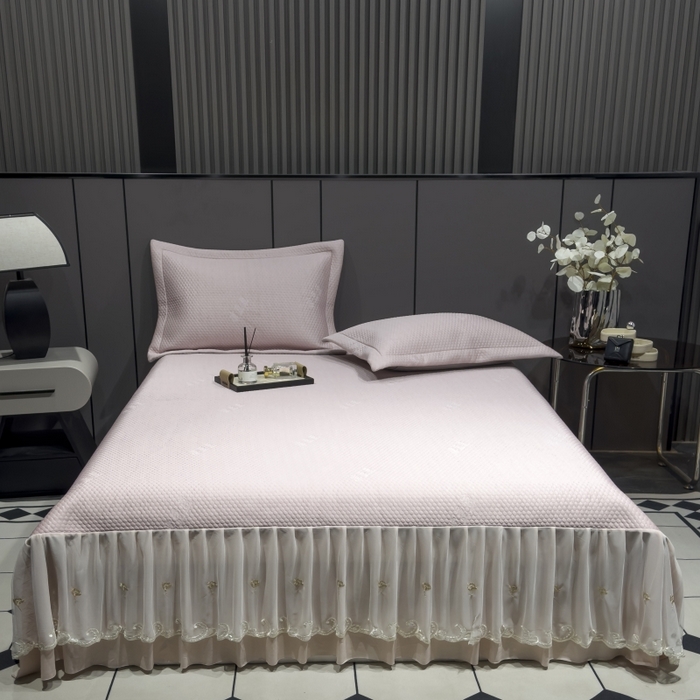 91家纺网 家纺一手货源 找家纺 81号家纺 2024新款冰感豆豆床裙款凉席 樱花粉