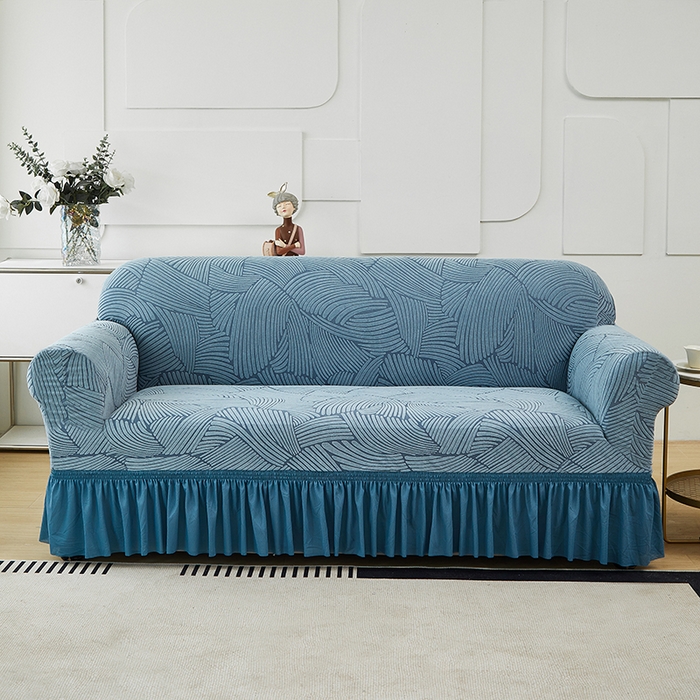 91家纺网 家纺一手货源 找家纺 共鸣沙发套 2024新款臻品提花系列沙发套(裙摆款) 枫纹-净蓝