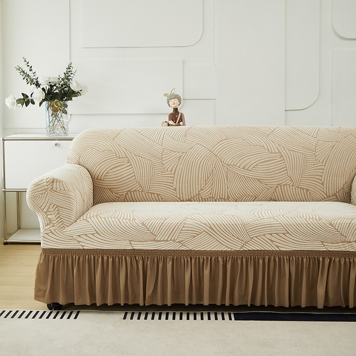 91家纺网 家纺一手货源 找家纺 共鸣沙发套 2024新款臻品提花系列沙发套(裙摆款) 枫纹-驼色