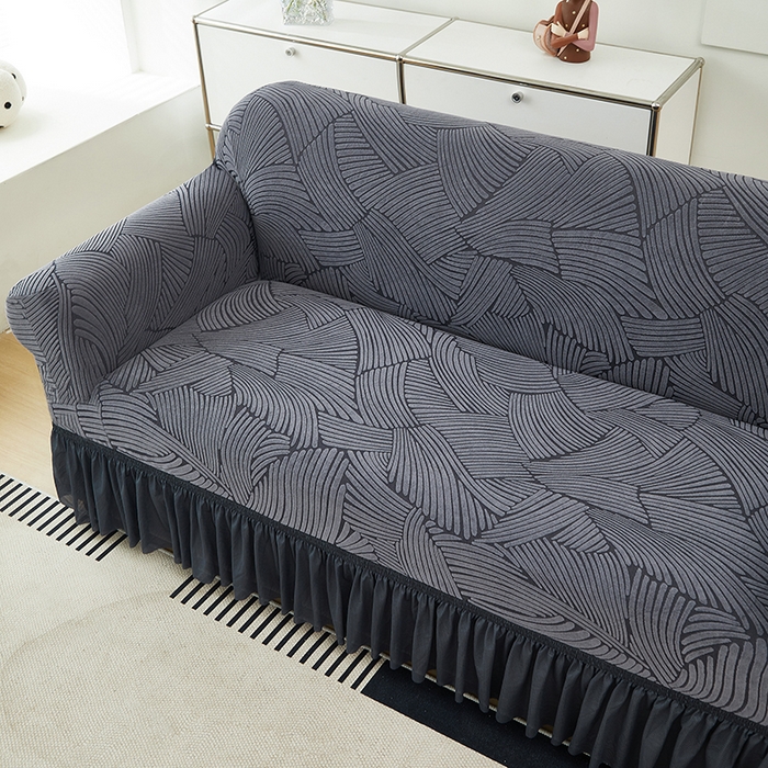 91家纺网 家纺一手货源 找家纺 共鸣沙发套 2024新款臻品提花系列沙发套(裙摆款) 枫纹-深灰