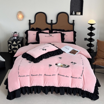 凯美家居 2024新款法式牛奶绒刺绣四件套-欧雅 欧雅-粉玉