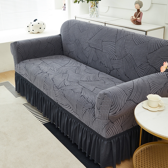 91家纺网 家纺一手货源 找家纺 共鸣沙发套 2024新款臻品提花系列沙发套(裙摆款) 枫纹-深灰