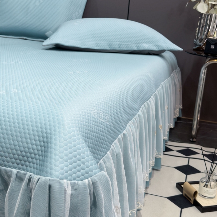 91家纺网 家纺一手货源 找家纺 81号家纺 2024新款冰感豆豆床裙款凉席 天空蓝