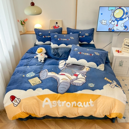 孩子王家纺 2025新款专版花色太空人大版卡通学生宿舍双面加厚牛奶绒系列四件套--提供买家秀 银河漫步