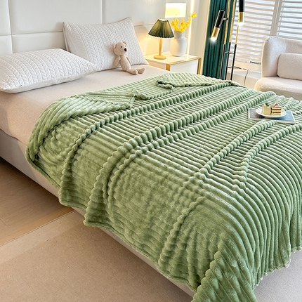 芸锦豪 2024新款仿兔毛抽条毛毯-卷边款 绿色