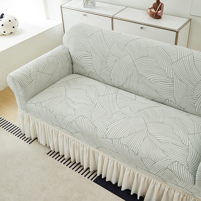 91家纺网 家纺一手货源 找家纺 共鸣沙发套 2024新款臻品提花系列沙发套(裙摆款) 枫纹-灰绿