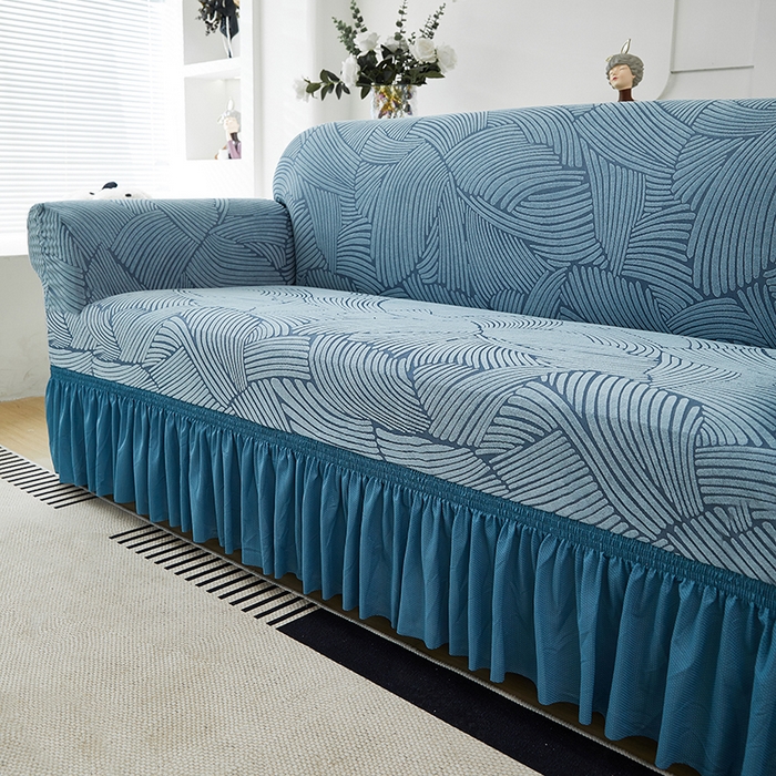 91家纺网 家纺一手货源 找家纺 共鸣沙发套 2024新款臻品提花系列沙发套(裙摆款) 枫纹-净蓝