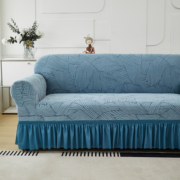91家纺网 家纺一手货源 找家纺 共鸣沙发套 2024新款臻品提花系列沙发套(裙摆款) 枫纹-净蓝