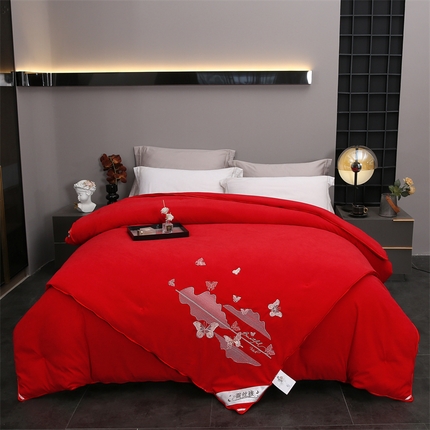 91家纺网 家纺一手货源 找家纺 恒鑫 2025新款全棉绣花桑蚕丝冬被春秋被拉链二合一子母被 红色