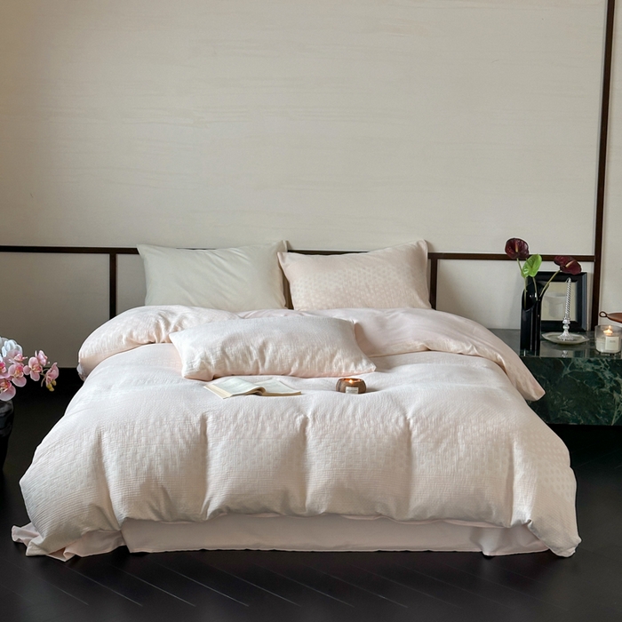 91家纺网 家纺一手货源 找家纺 （总）玛奇朵 2024新品韩国A类色织简约双面波点提花双层皱皱纱-波尔卡舞曲