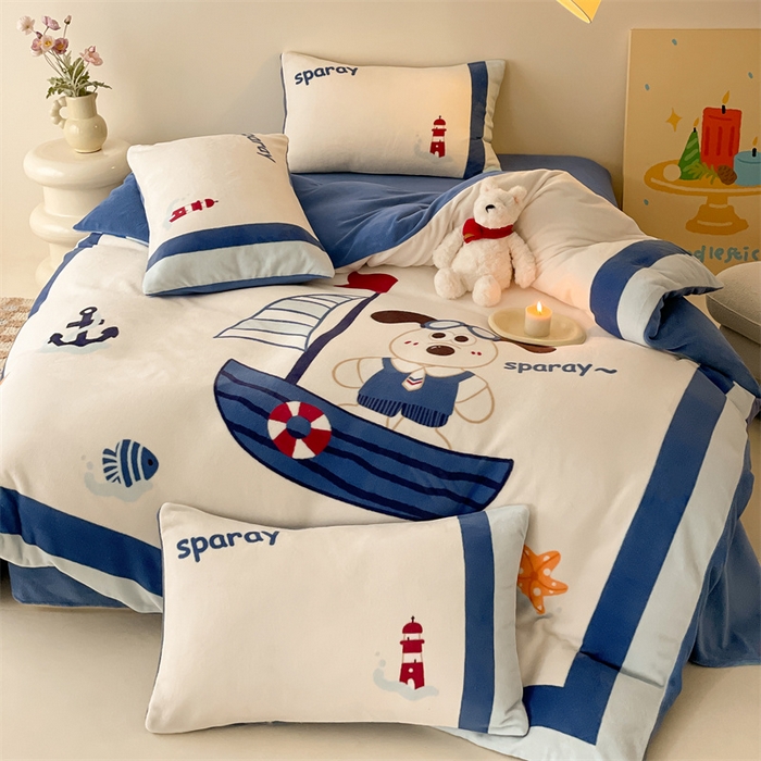 91家纺网 家纺一手货源 找家纺 星座家纺 2025新款大版卡通牛奶绒四件套 船长狗狗